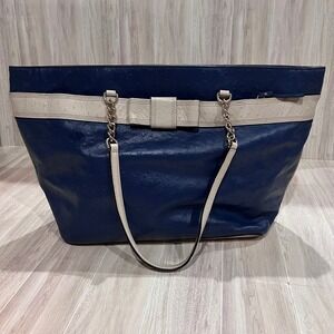 Kate Spade Navy and Cream Tote Bag Ostrich Print Satchel Chain Shoulder Bag